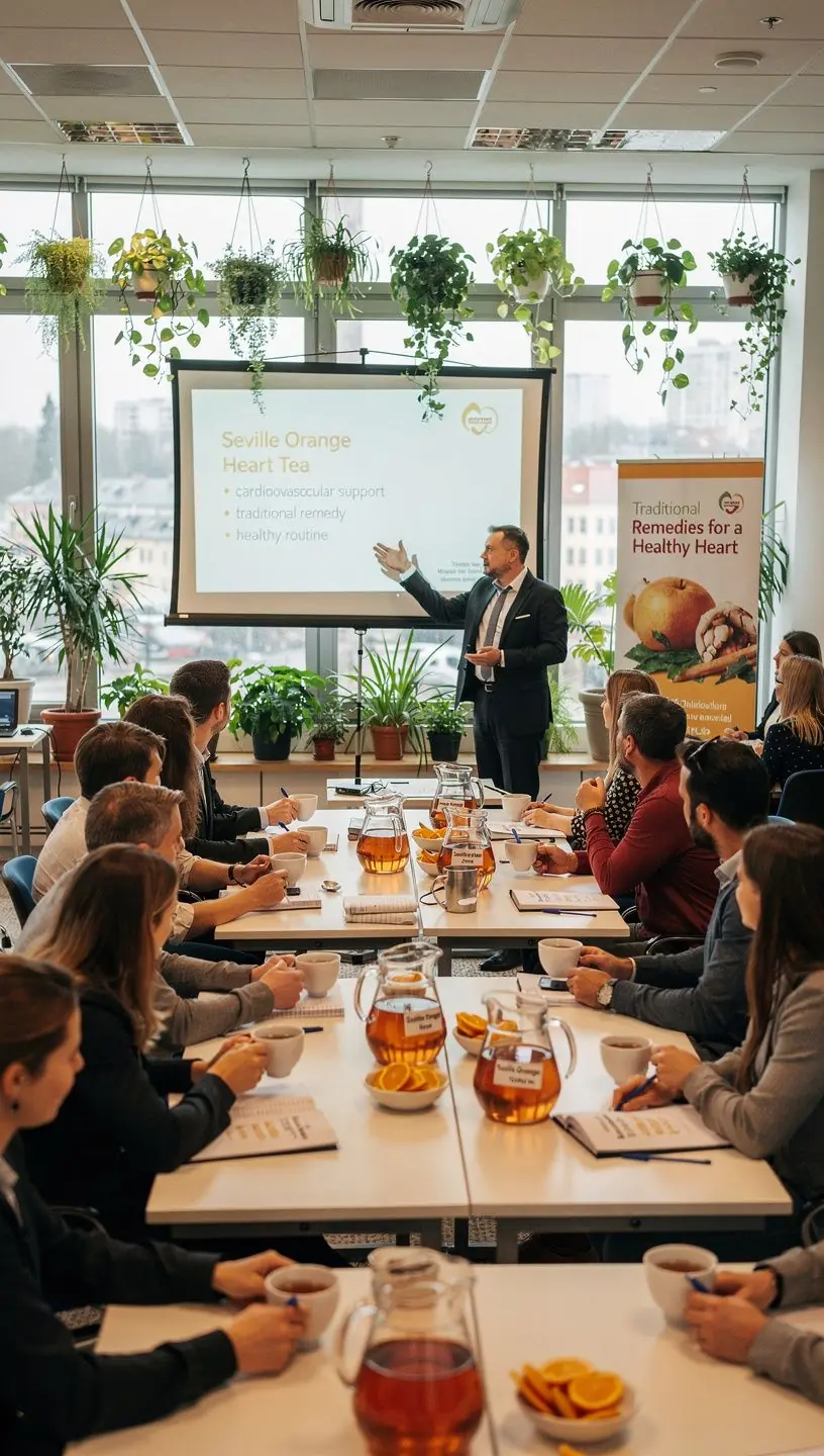 Kartaus marmelado stiklainis su apelsinų griežinėliais ant stalo.