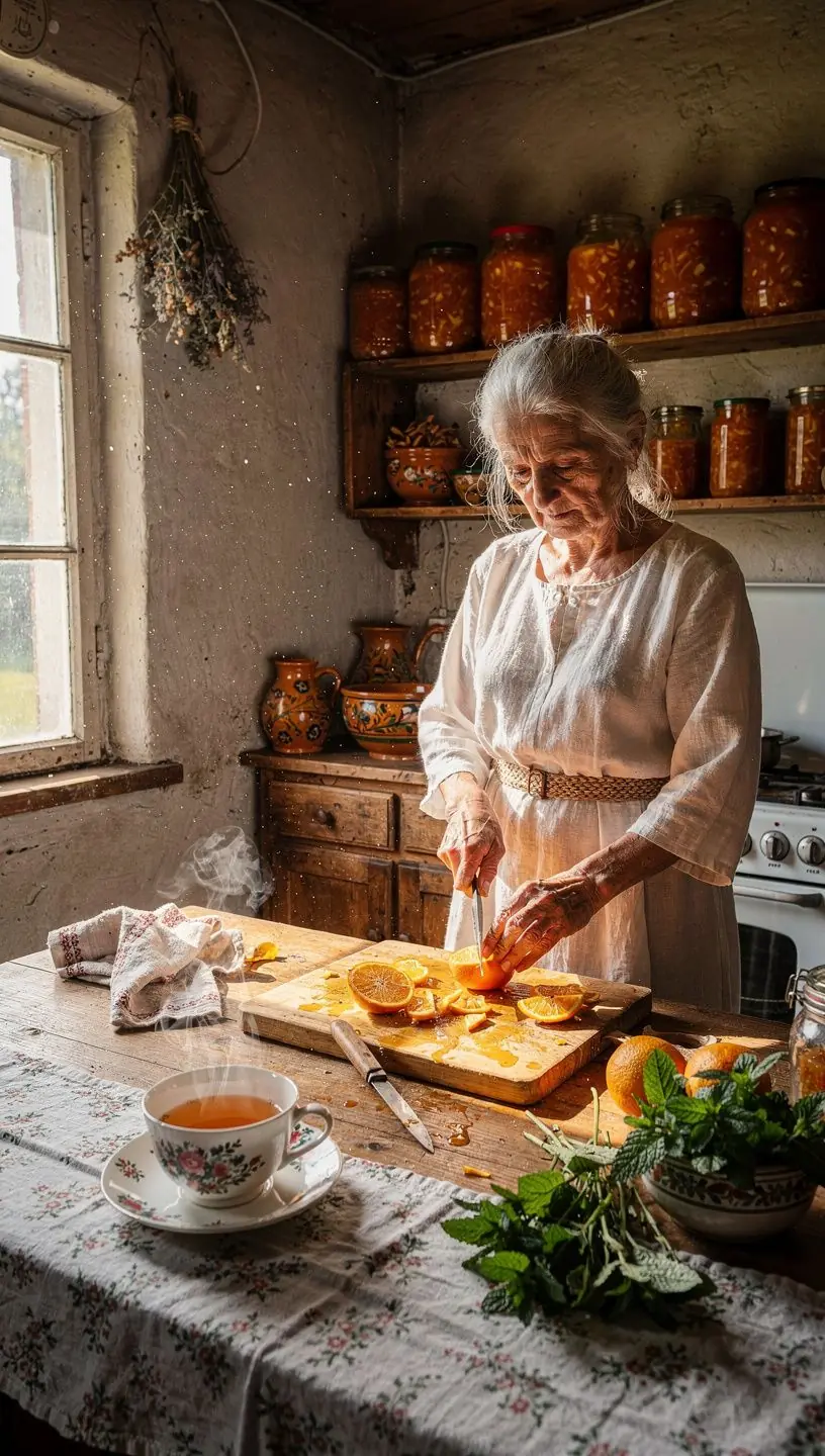 Sevilijos apelsinų širdies arbata puodelyje, šviežiai paruošta ir garuojanti.