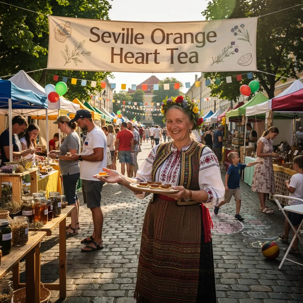 Sevilijos apelsinų širdies arbatos puodelis su garuojančiu skysčiu.