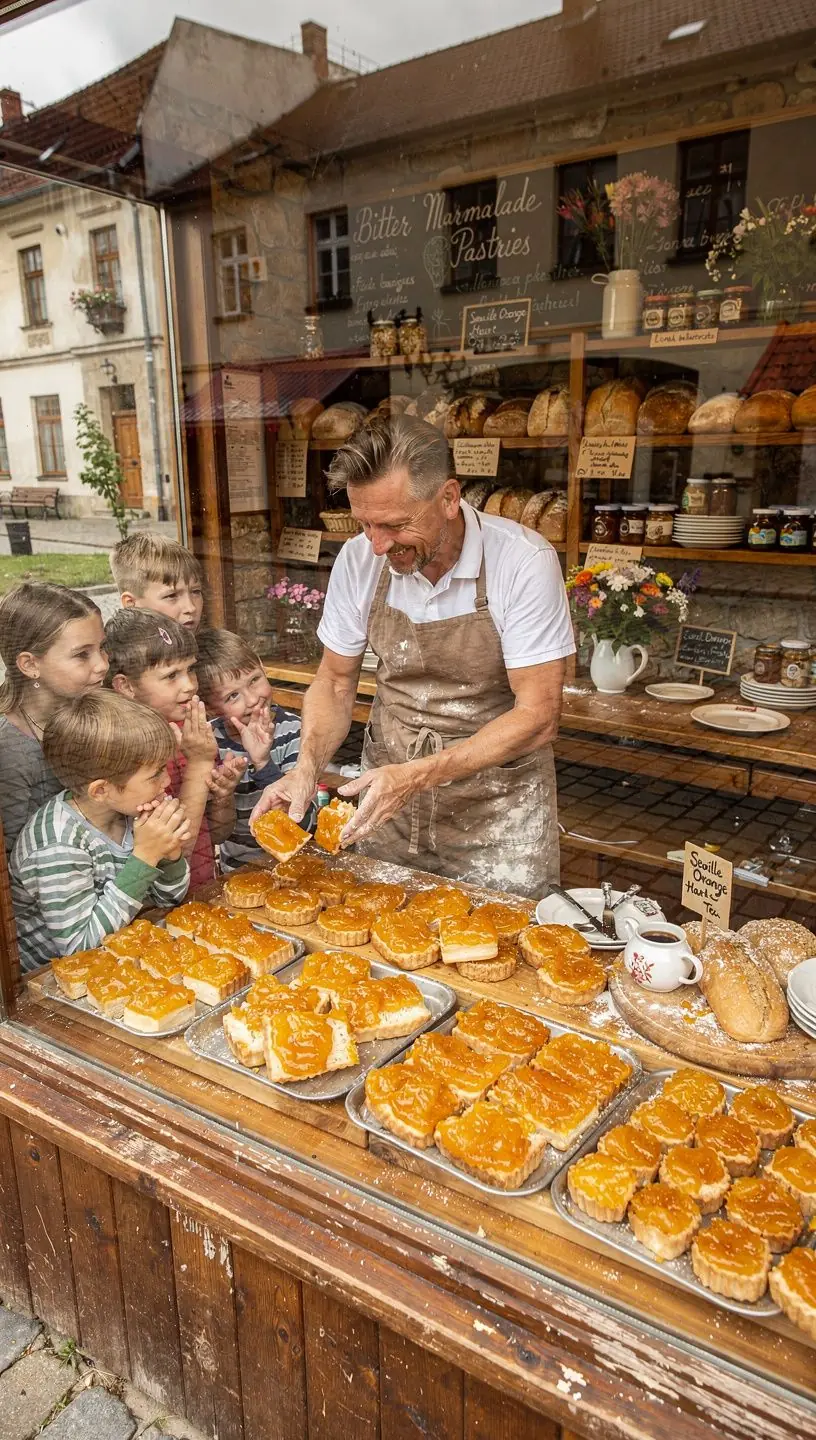 Sevilijos apelsinų širdies arbatos puodelis, šalia marmelado indelio, sukuriantis jaukią atmosferą.
